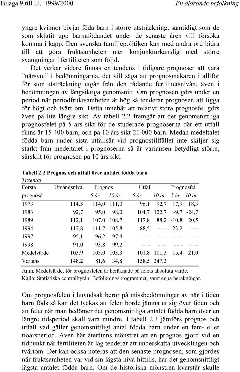 Det verkar vidare finnas en tendens i tidigare prognoser att vara närsynt i bedömningarna, det vill säga att prognosmakaren i alltför för stor utsträckning utgår från den rådande fertilitetsnivån,