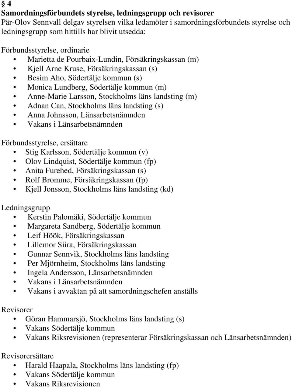 Anne-Marie Larsson, Stockholms läns landsting (m) Adnan Can, Stockholms läns landsting (s) Anna Johnsson, Länsarbetsnämnden Vakans i Länsarbetsnämnden Förbundsstyrelse, ersättare Stig Karlsson,