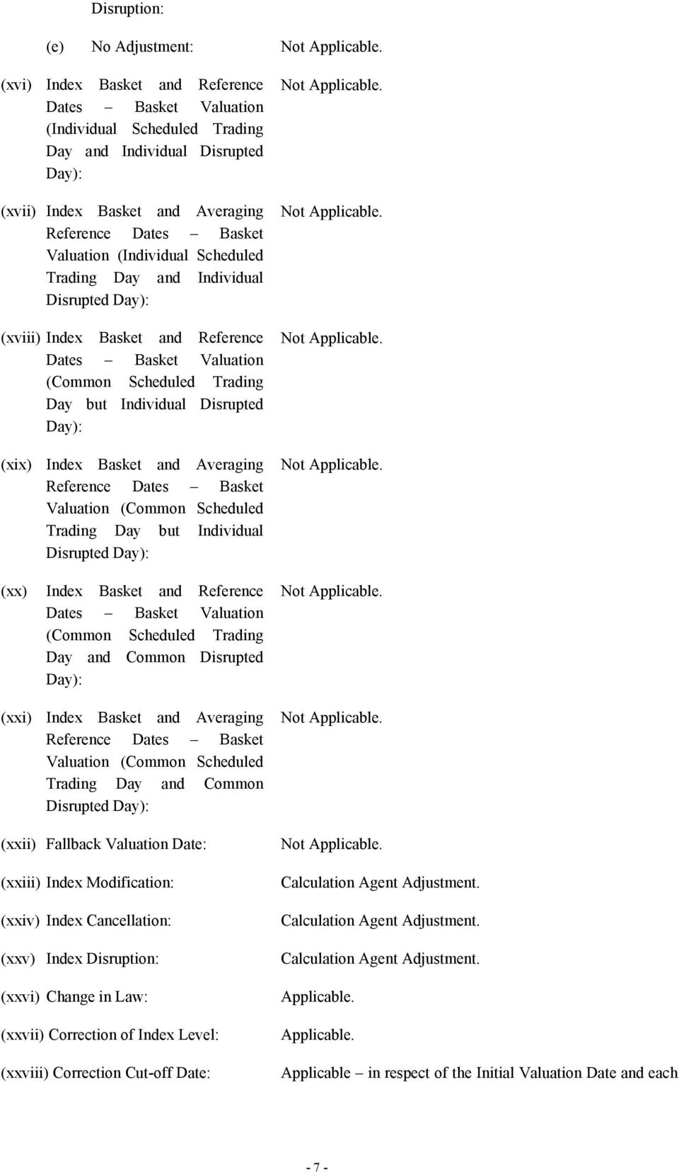 Disrupted Day): (xix) Index Basket and Averaging Reference Dates Basket Valuation (Common Scheduled Trading Day but Individual Disrupted Day): (xx) Index Basket and Reference Dates Basket Valuation