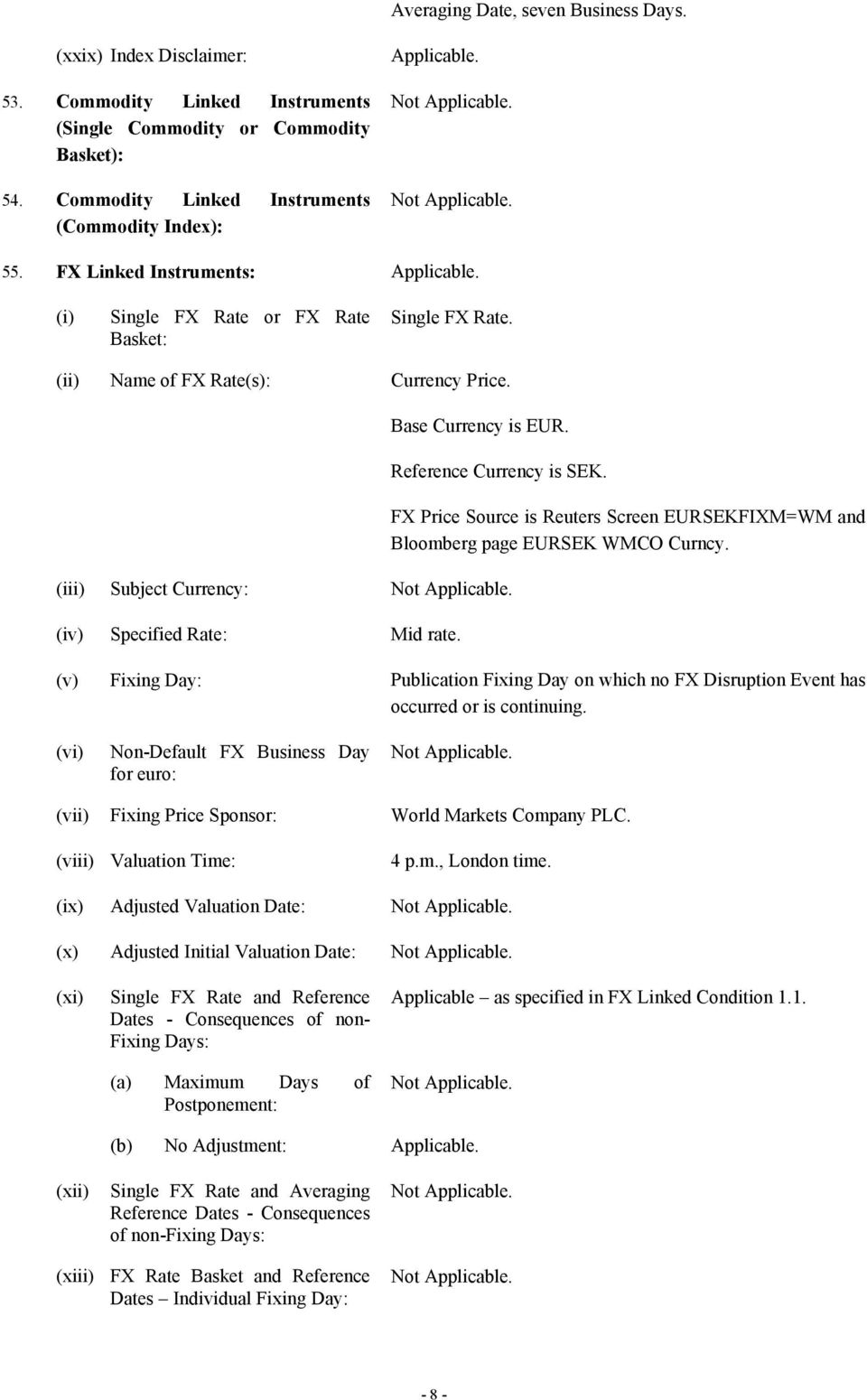 (iii) Subject Currency: (iv) Specified Rate: Mid rate. FX Price Source is Reuters Screen EURSEKFIXM=WM and Bloomberg page EURSEK WMCO Curncy.
