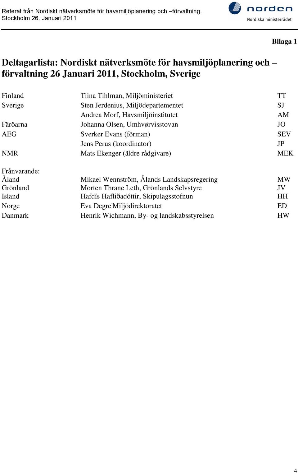 Jens Perus (koordinator) JP NMR Mats Ekenger (äldre rådgivare) MEK Frånvarande: Åland Mikael Wennström, Ålands Landskapsregering MW Grönland Morten Thrane Leth,