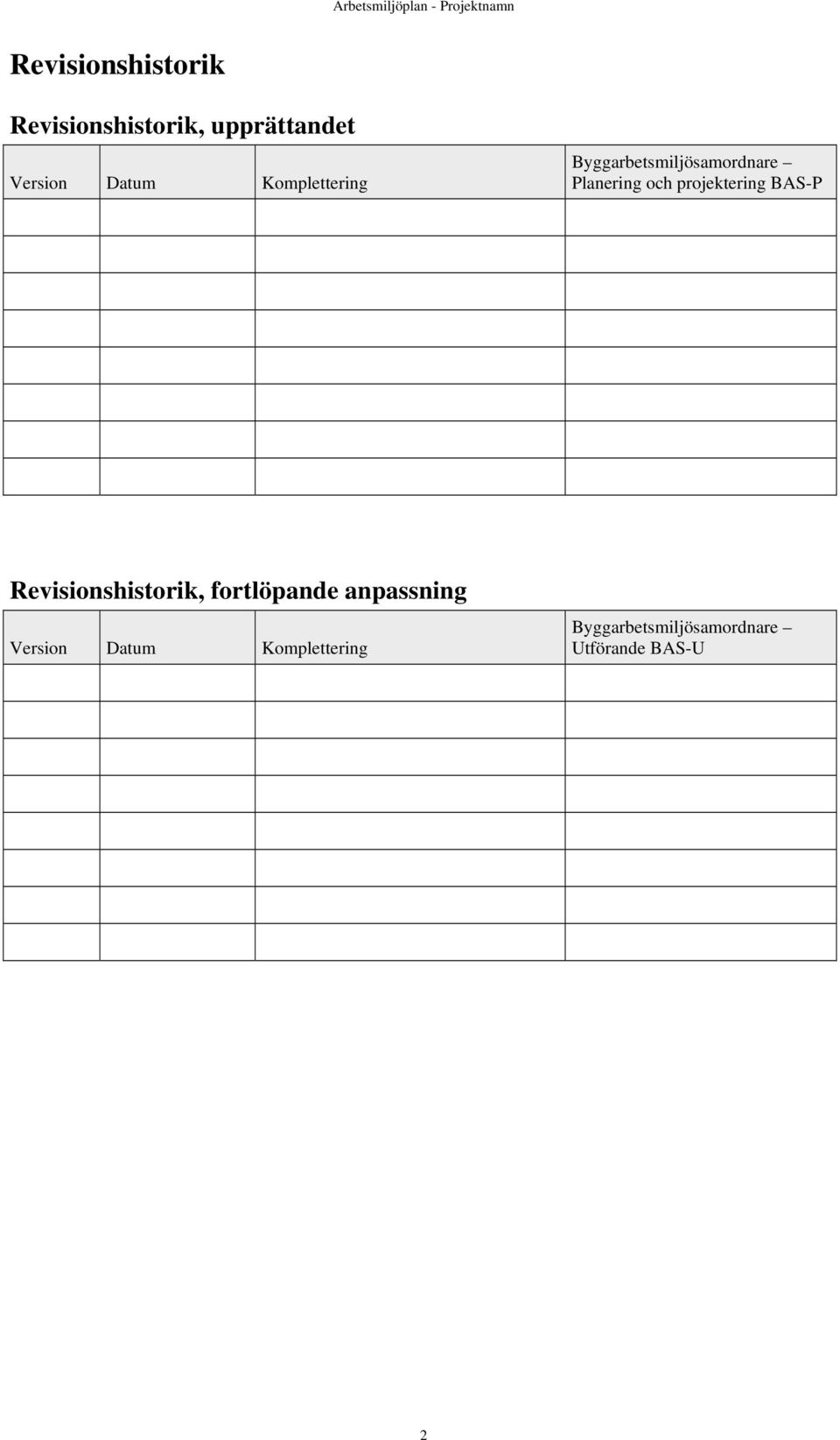 Planering och projektering BAS-P Revisionshistorik, fortlöpande