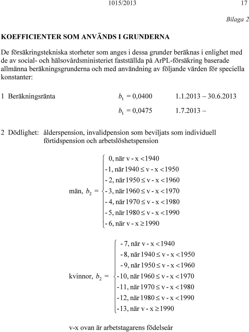 1.7.2013 2 Dödlighet: ålderspension, invalidpension som beviljats som individuell förtidspension och arbetslöshetspension män, b = 0, när v - x < 1940-1, när1940 v - x < 1950-2, när1950 v - x <