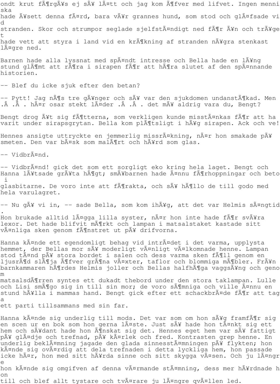 Barnen hade alla lyssnat med spã ndt intresse och Bella hade en lã ng stund glã mt att rã ra i sirapen fã r att hã ra slutet af den spã nnande historien. -- Blef du icke sjuk efter den betan? -- Pytt!