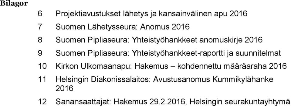 Yhteistyöhankkeet-raportti ja suunnitelmat 10 Kirkon Ulkomaanapu: Hakemus kohdennettu määräaraha 2016