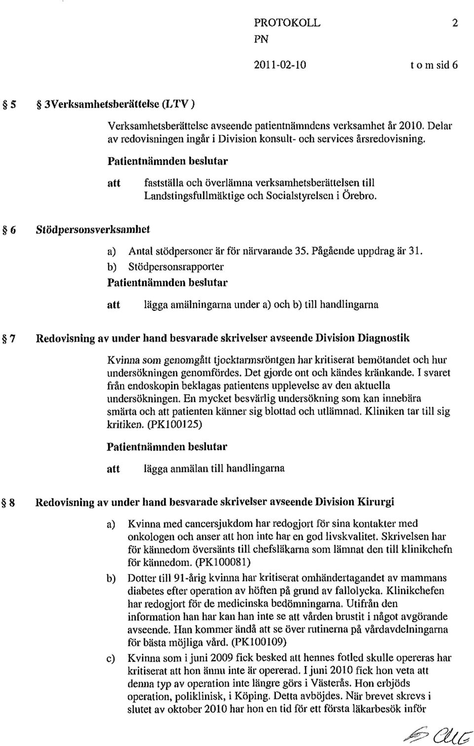 Patientnämnden beslutar fastställa ocli överlämna verksamhetsberättelsen till Landstingsfullmäktige och Socialstyrelsen i Örebro. 3 6 Stödpersonsverksamliet a) Antal stödpersoner är för närvarande 35.