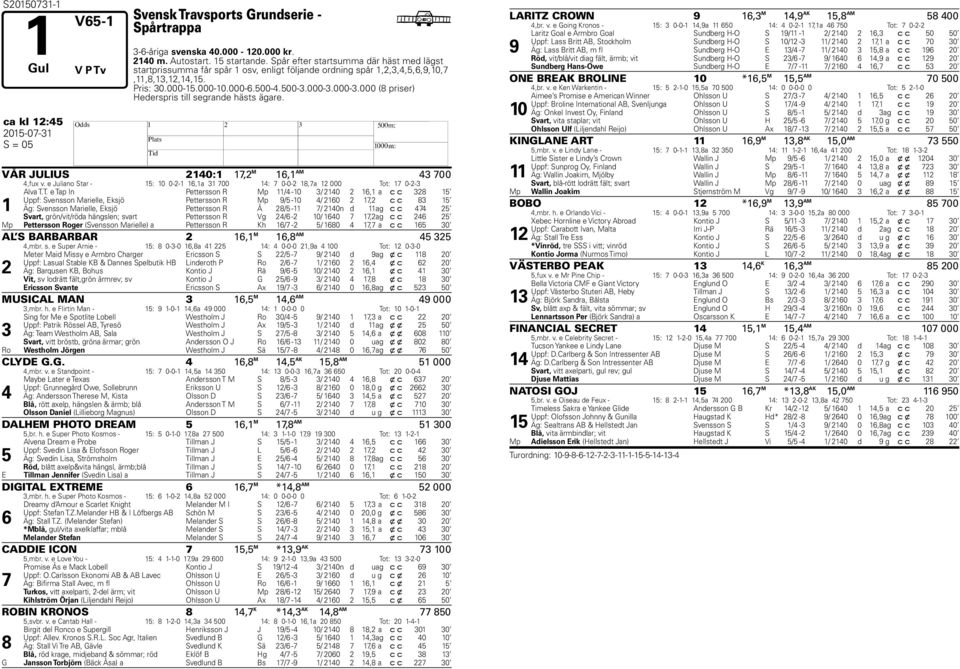 000-3.000 (8 priser) Hederspris till segrande hästs ägare. ca kl 12:45 2015-07-31 H S = 05 VÅR JULIUS 2140:1 17,2 M 16,1 AM 43 700 4,fux v.
