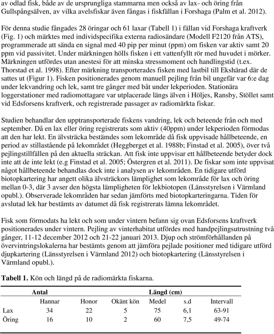 1) och märktes med individspecifika externa radiosändare (Modell F2120 från ATS), programmerade att sända en signal med 40 pip per minut (ppm) om fisken var aktiv samt 20 ppm vid passivitet.