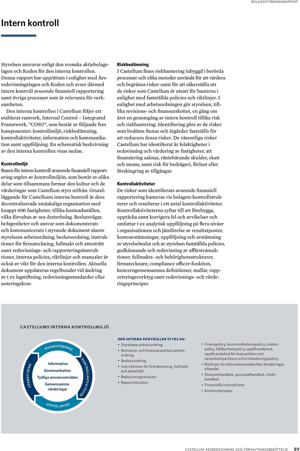 Den interna kontrollen i Castellum följer ett etablerat ramverk, Internal Control Integrated Framework, COSO, som består av följande fem komponenter: kontrollmiljö, riskbedömning,