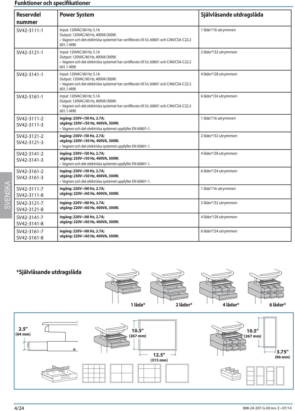 Vagnen och det elektriska systemet har certifierats till UL 60601 och CAN/CSA-C22.2 601.1-M90 SV42-3141-1 Input: 120VAC/60 Hz; 5.1A Output: 120VAC/60 Hz, 400VA/300W.