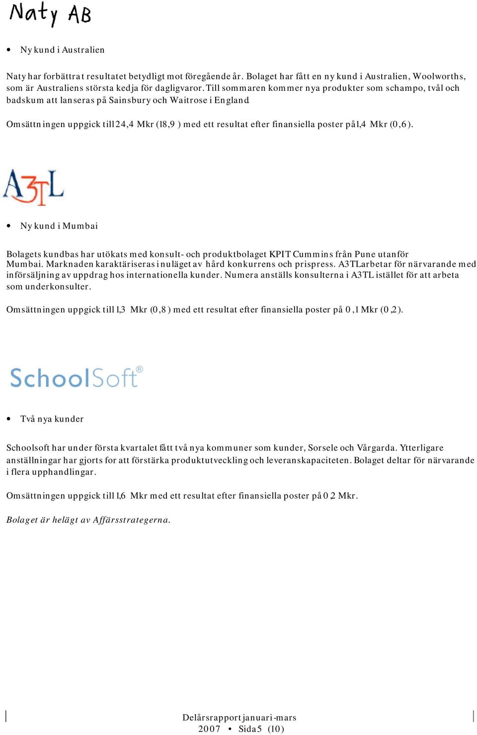 Omsättningen uppgick till 24,4 Mkr (18,9 ) med ett resultat efter finansiella poster på 1,4 Mkr (0,6).