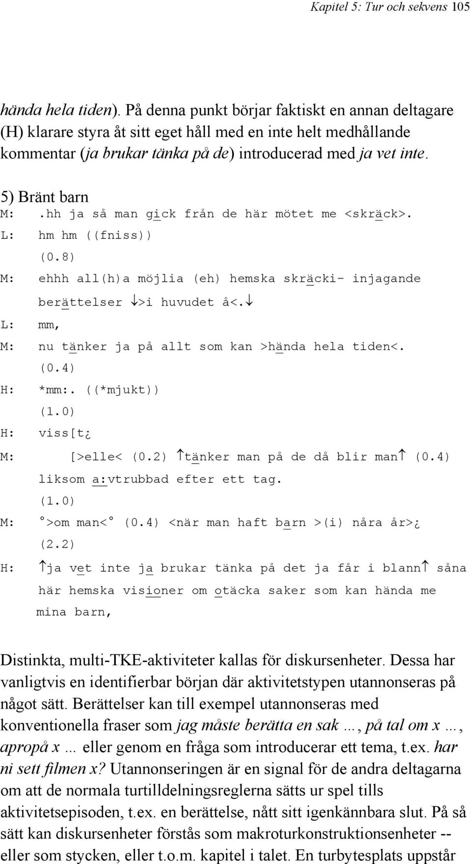 hh ja så man gick från de här mötet me <skräck>. L: hm hm ((fniss)) (0.8) M: ehhh all(h)a möjlia (eh) hemska skräcki- injagande berättelser >i huvudet å<.