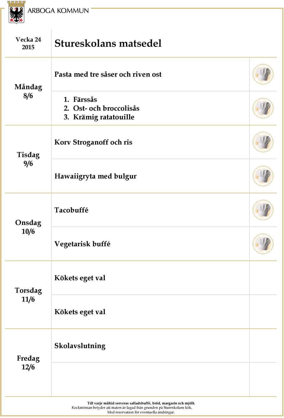 Krämig ratatouille 9/6 Korv Stroganoff och ris Hawaiigryta