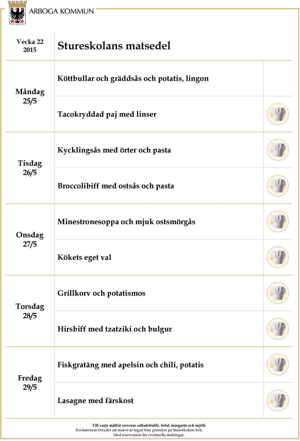Minestronesoppa och mjuk ostsmörgås Kökets eget val 28/5 Grillkorv och potatismos