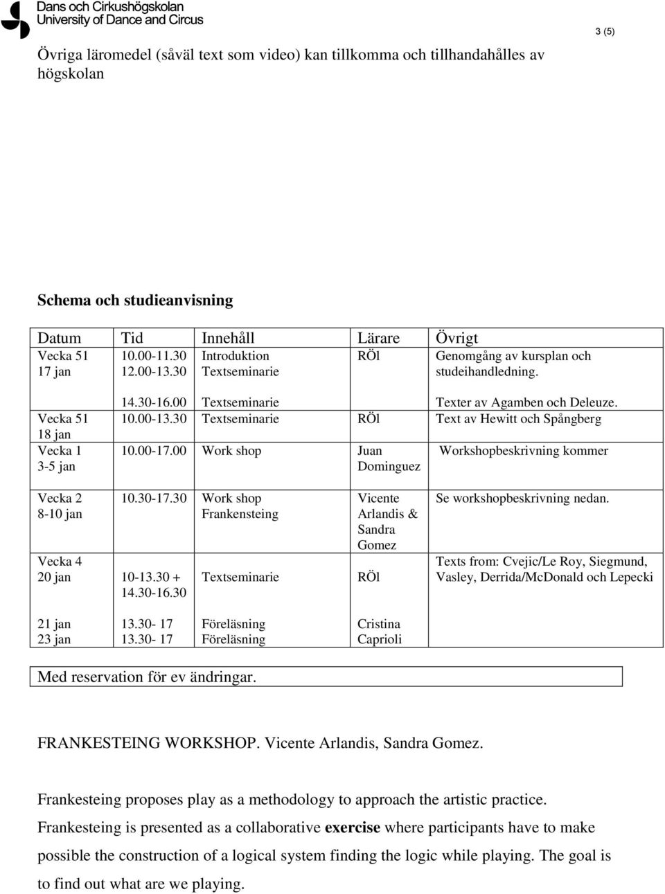 30 Textseminarie RÖl Text av Hewitt och Spångberg 10.00-17.00 Work shop Juan Dominguez Workshopbeskrivning kommer Vecka 2 8-10 jan Vecka 4 20 jan 10.30-17.30 Work shop Frankensteing 10-13.30 + 14.