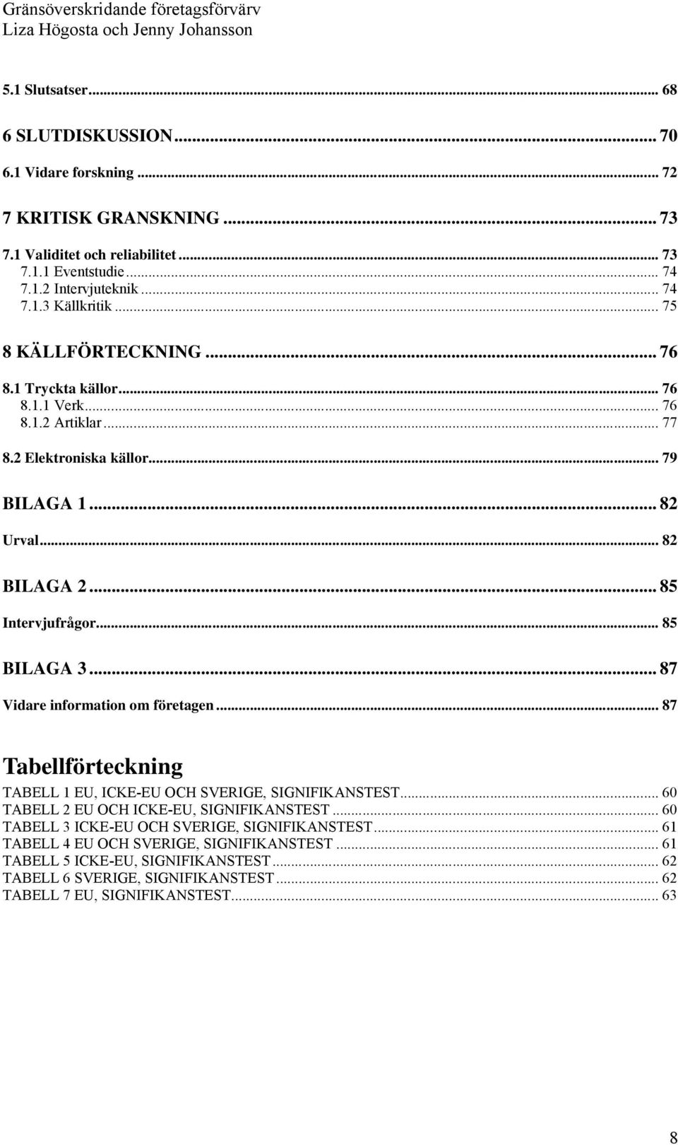 .. 87 Vidare information om företagen... 87 Tabellförteckning TABELL 1 EU, ICKE-EU OCH SVERIGE, SIGNIFIKANSTEST... 60 TABELL 2 EU OCH ICKE-EU, SIGNIFIKANSTEST.