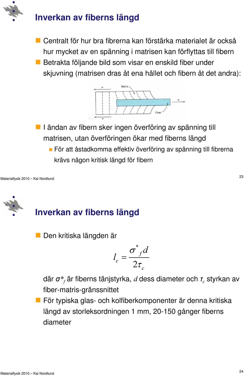 För att åstadkomma effektiv överföring av spänning till fibrerna krävs någon kritisk längd för fibern 23 Inverkan av fiberns längd Den kritiska längden är l c * f d 2 där σ* f är fiberns