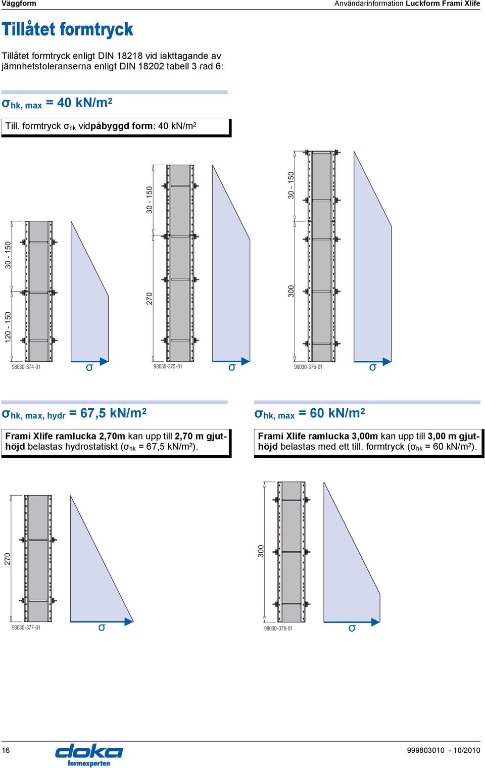 formtryck σ hk vidpåbyggd form: 40 kn/m 2 30-150 30-150 30-150 270 300 120-150 98030-374-01 σ 98030-375-01 σ 98030-376-01 σ σ hk, max, hydr = 67,5 kn/m 2 σ hk,