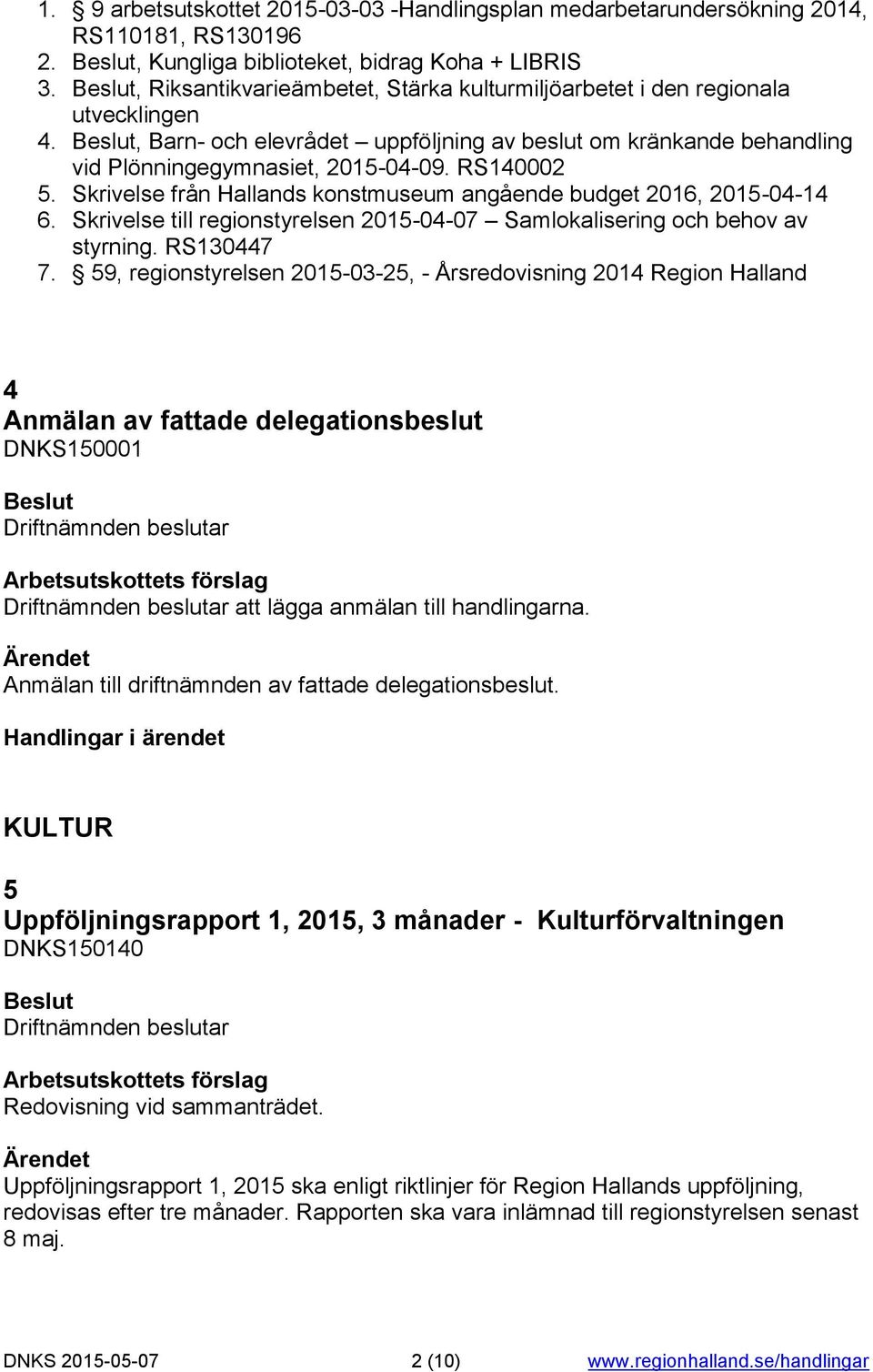 Skrivelse från Hallands konstmuseum angående budget 2016, 2015-04-14 6. Skrivelse till regionstyrelsen 2015-04-07 Samlokalisering och behov av styrning. RS130447 7.