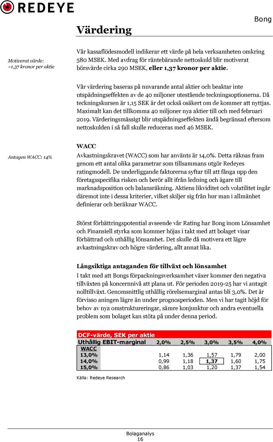 Vår värdering baseras på nuvarande antal aktier och beaktar inte utspädningseffekten av de 40 miljoner utestående teckningsoptionerna.