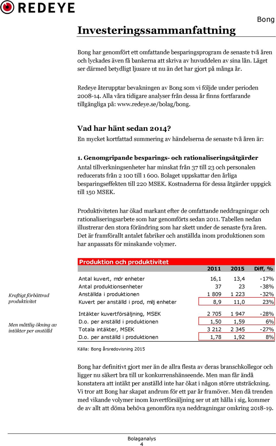 Alla våra tidigare analyser från dessa år finns fortfarande tillgängliga på: www.redeye.se/bolag/bong. Vad har hänt sedan 2014? En mycket kortfattad summering av händelserna de senaste två åren är: 1.