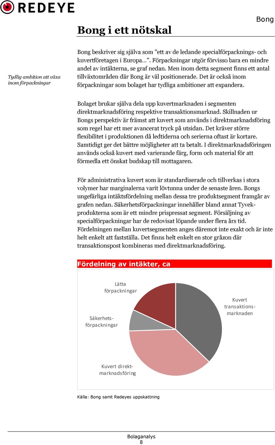 Det är också inom förpackningar som bolaget har tydliga ambitioner att expandera. Bolaget brukar själva dela upp kuvertmarknaden i segmenten direktmarknadsföring respektive transaktionsmarknad.