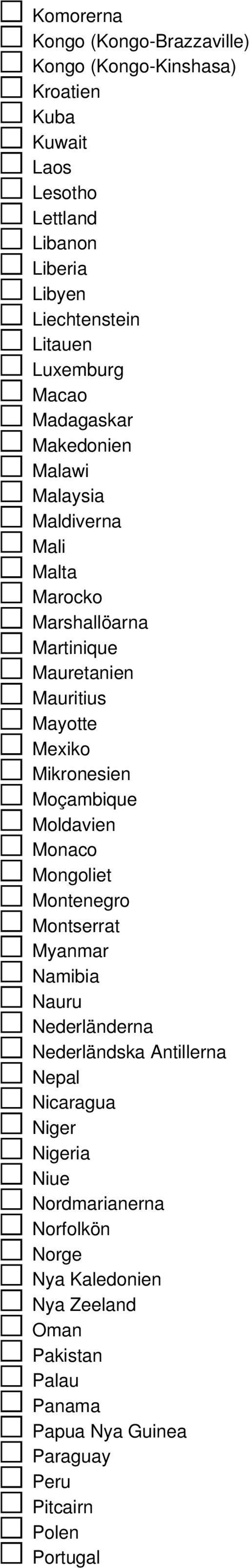 Mikronesien Moçambique Moldavien Monaco Mongoliet Montenegro Montserrat Myanmar Namibia Nauru Nederländerna Nederländska Antillerna Nepal Nicaragua