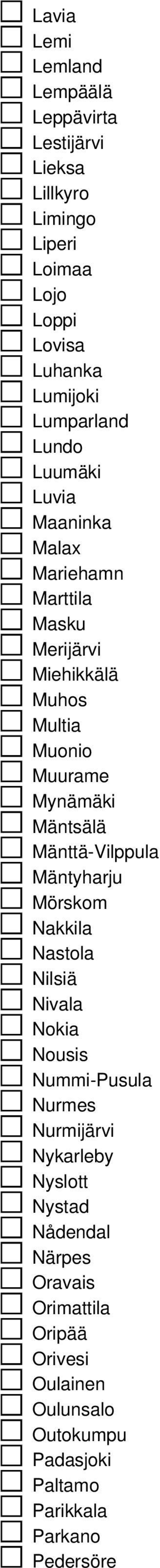 Mäntsälä Mänttä-Vilppula Mäntyharju Mörskom Nakkila Nastola Nilsiä Nivala Nokia Nousis Nummi-Pusula Nurmes Nurmijärvi Nykarleby