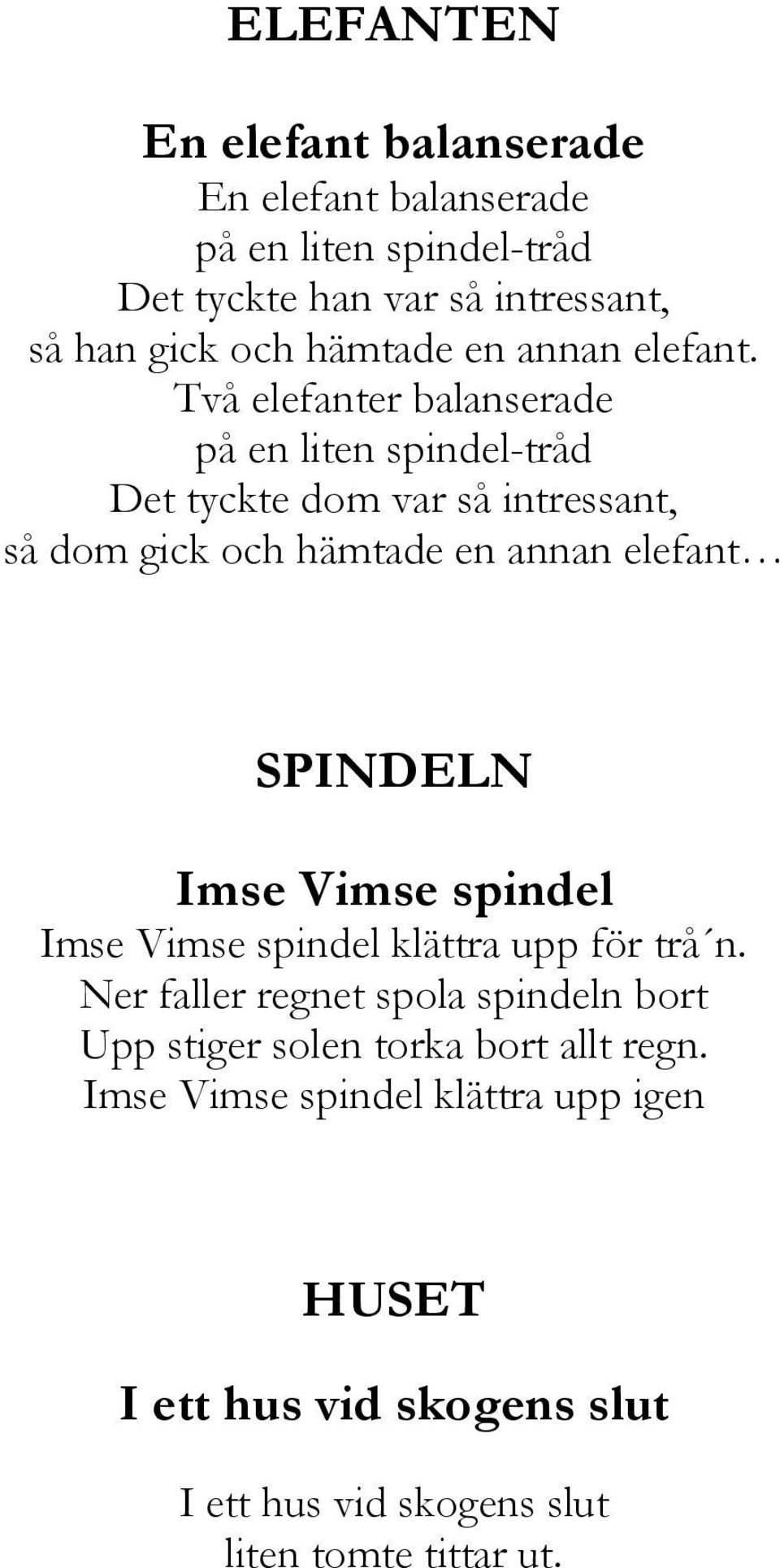 Två elefanter balanserade på en liten spindel-tråd Det tyckte dom var så intressant, så dom gick och hämtade en annan elefant SPINDELN