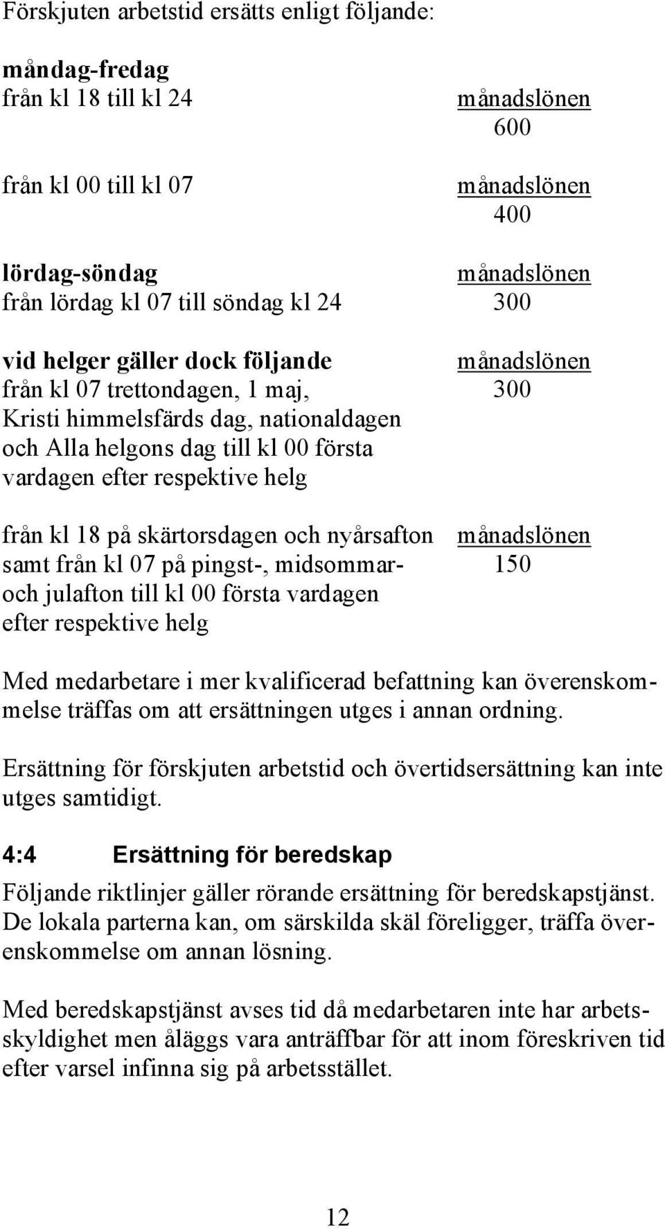 kl 18 på skärtorsdagen och nyårsafton månadslönen samt från kl 07 på pingst-, midsommar150 och julafton till kl 00 första vardagen efter respektive helg Med medarbetare i mer kvalificerad befattning