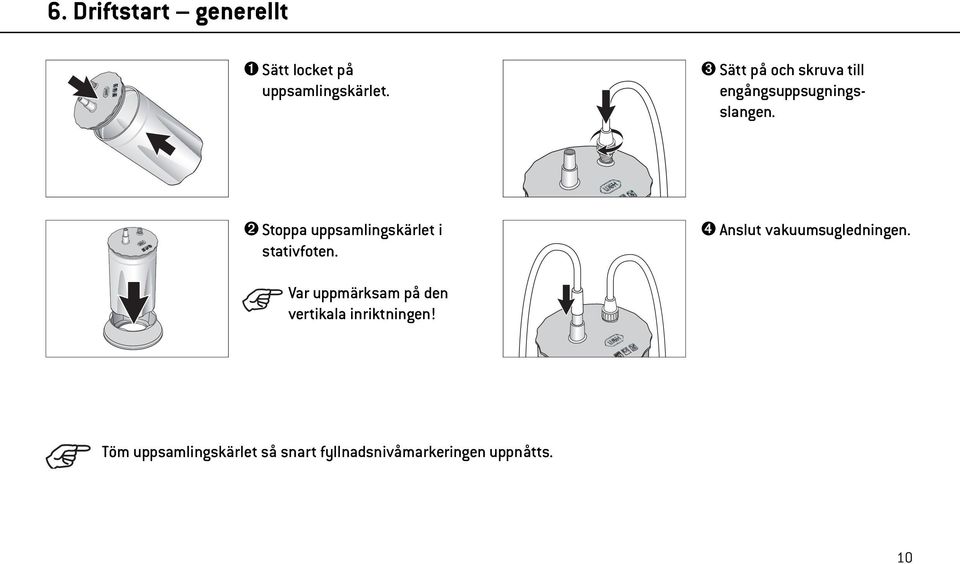 ➋ Stoppa uppsamlingskärlet i stativfoten. ➍ Anslut vakuumsugledningen.