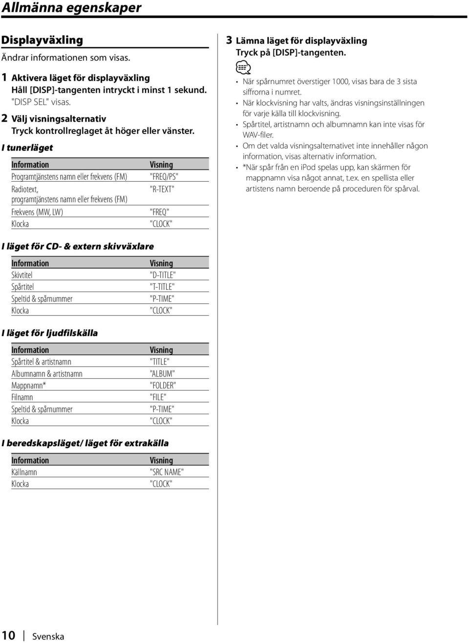 I tunerläget Information Programtjänstens namn eller frekvens (FM) Radiotext, programtjänstens namn eller frekvens (FM) Frekvens (MW, LW) Klocka "FREQ/PS" "R-TEXT" "FREQ" "CLOCK" 3 Lämna läget för