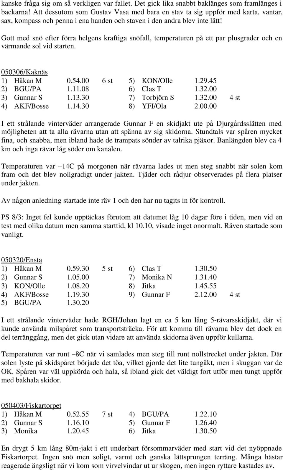 Gott med snö efter förra helgens kraftiga snöfall, temperaturen på ett par plusgrader och en värmande sol vid starten. 050306/Kaknäs 1) Håkan M 0.54.00 6 st 5) KON/Olle 1.29.45 2) BGU/PA 1.11.