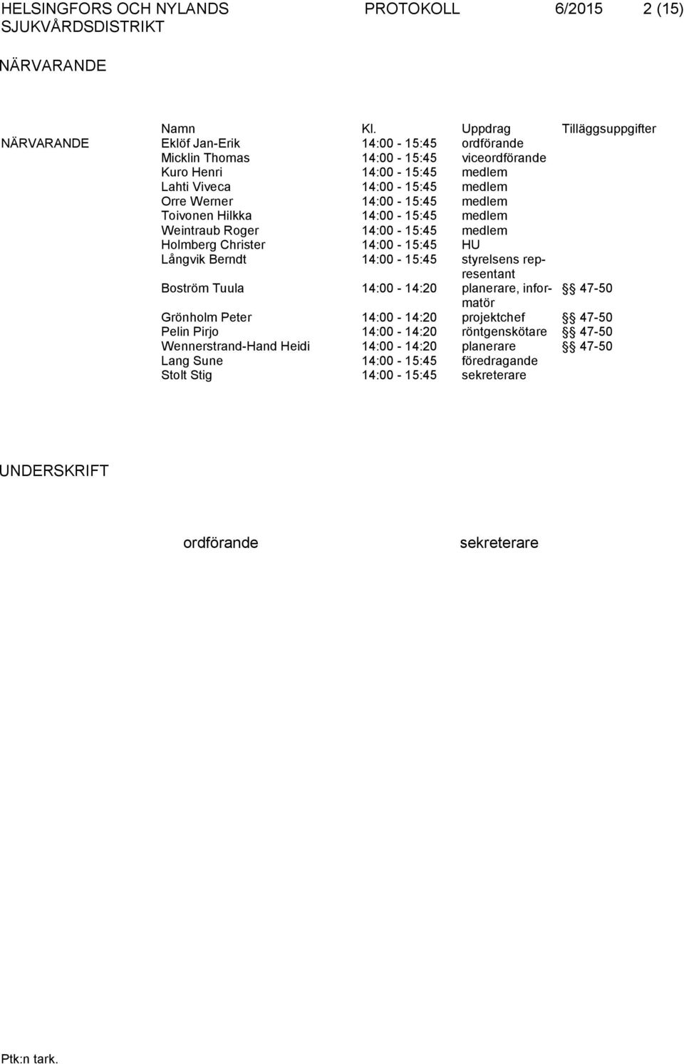 Orre Werner 14:00-15:45 medlem Toivonen Hilkka 14:00-15:45 medlem Weintraub Roger 14:00-15:45 medlem Holmberg Christer 14:00-15:45 HU Långvik Berndt 14:00-15:45 styrelsens