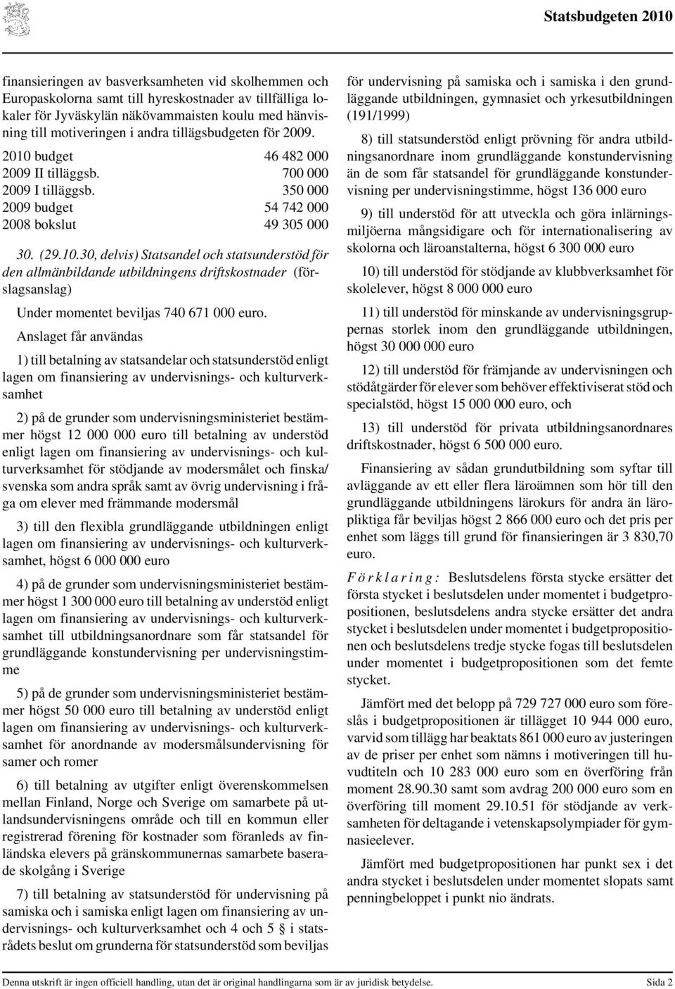 budget 46 482 000 2009 II tilläggsb. 700 000 2009 I tilläggsb. 350 000 2009 budget 54 742 000 2008 bokslut 49 305 000 30. (29.10.