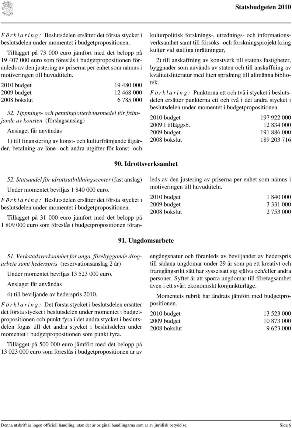 kulturpolitisk forsknings-, utrednings- och informationsverksamhet samt till försöks- och forskningsprojekt kring kultur vid statliga inrättningar, 2) till anskaffning av konstverk till statens