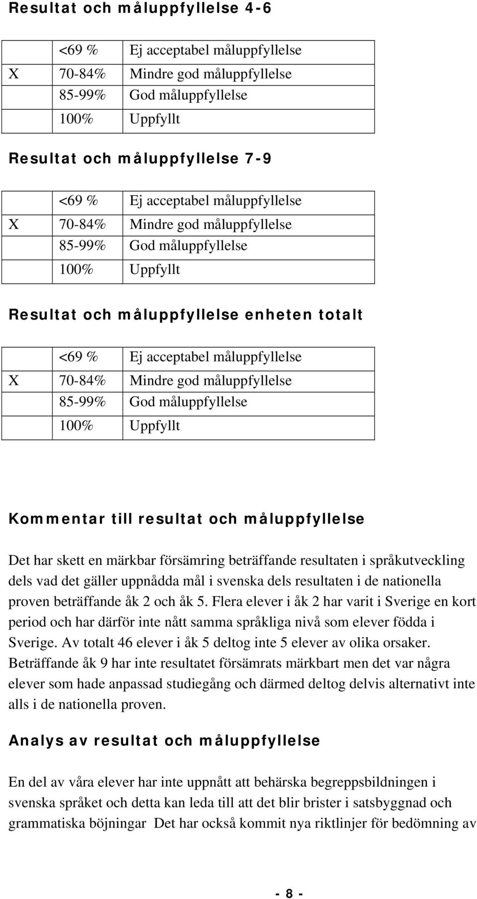 språkutveckling dels vad det gäller uppnådda mål i svenska dels resultaten i de nationella proven beträffande åk 2 och åk 5.