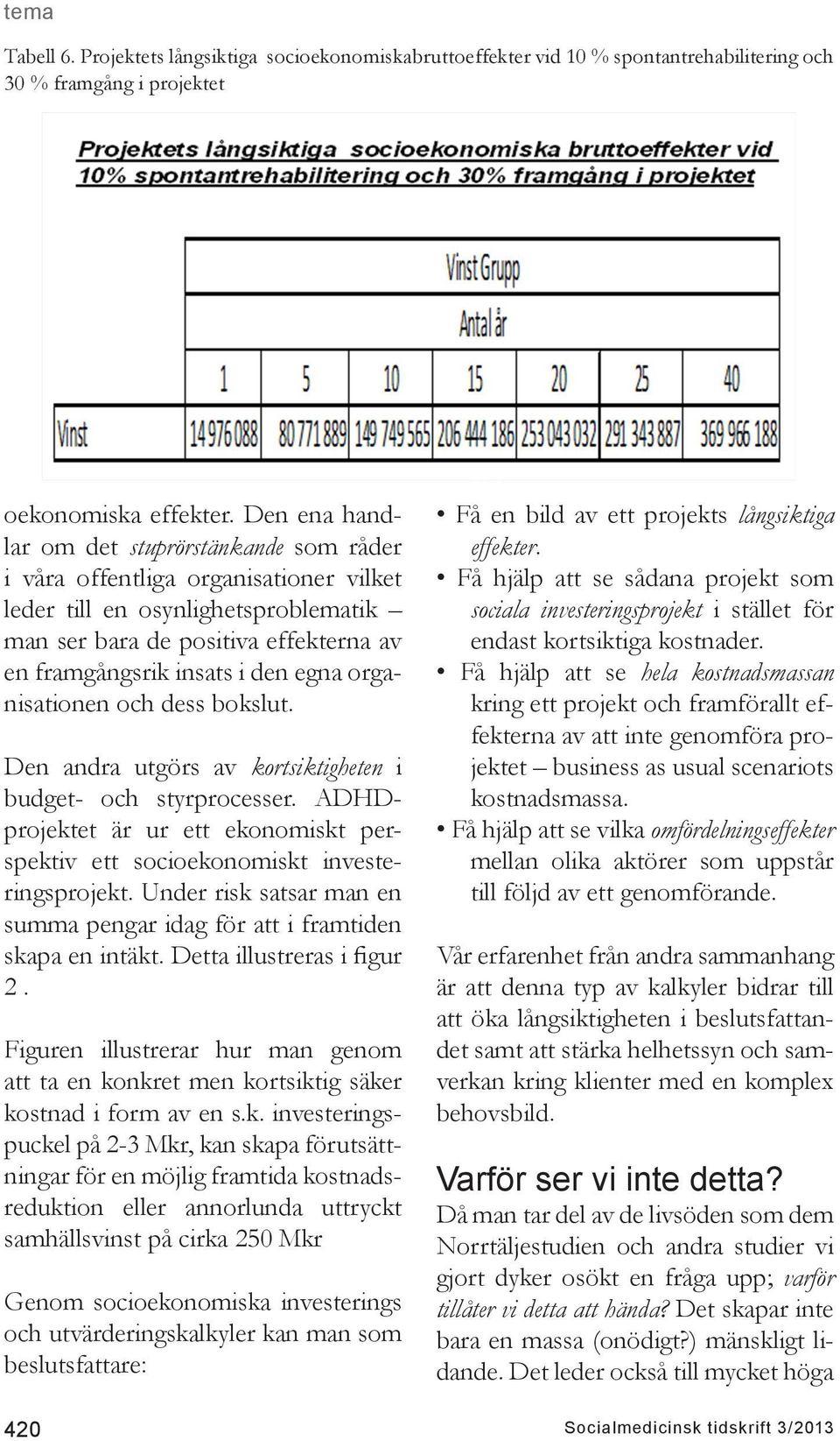 organisationen och dess bokslut. Den andra utgörs av kortsiktigheten i budget- och styrprocesser. ADHDprojektet är ur ett ekonomiskt perspektiv ett socioekonomiskt investeringsprojekt.