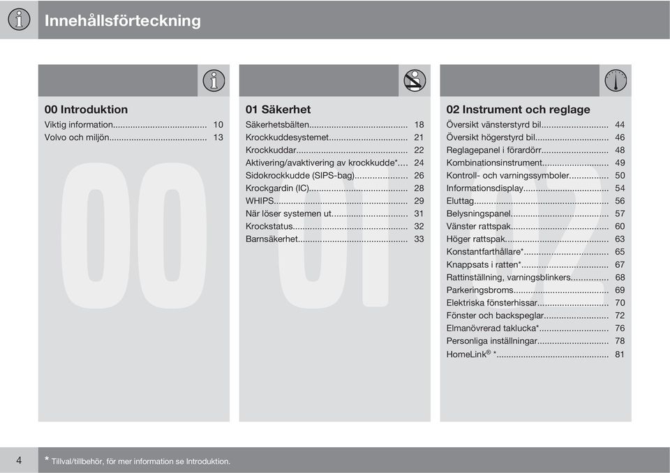 .. 26 Kontroll- och varningssymboler... 50 Krockgardin (IC)... 28 Informationsdisplay... 54 WHIPS... 29 Eluttag... 56 När löser systemen ut... 31 Belysningspanel... 57 Krockstatus.