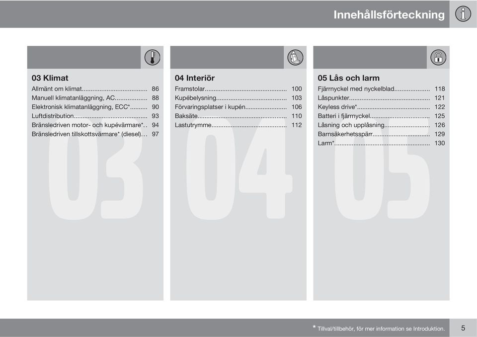 .. 103 Förvaringsplatser i kupén... 106 Baksäte... 110 Lastutrymme... 112 05 Lås och larm 05 Fjärrnyckel med nyckelblad... 118 Låspunkter.