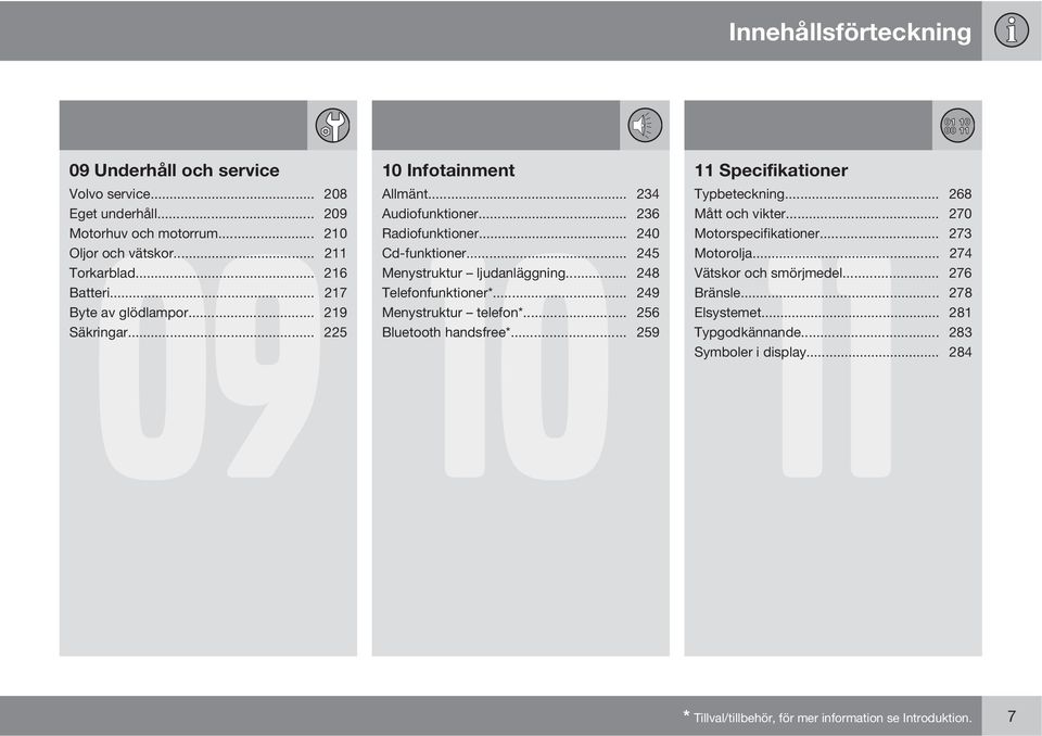 .. 248 Telefonfunktioner*... 249 Menystruktur telefon*... 256 Bluetooth handsfree*... 259 11 Specifikationer 11 Typbeteckning... 268 Mått och vikter... 270 Motorspecifikationer.