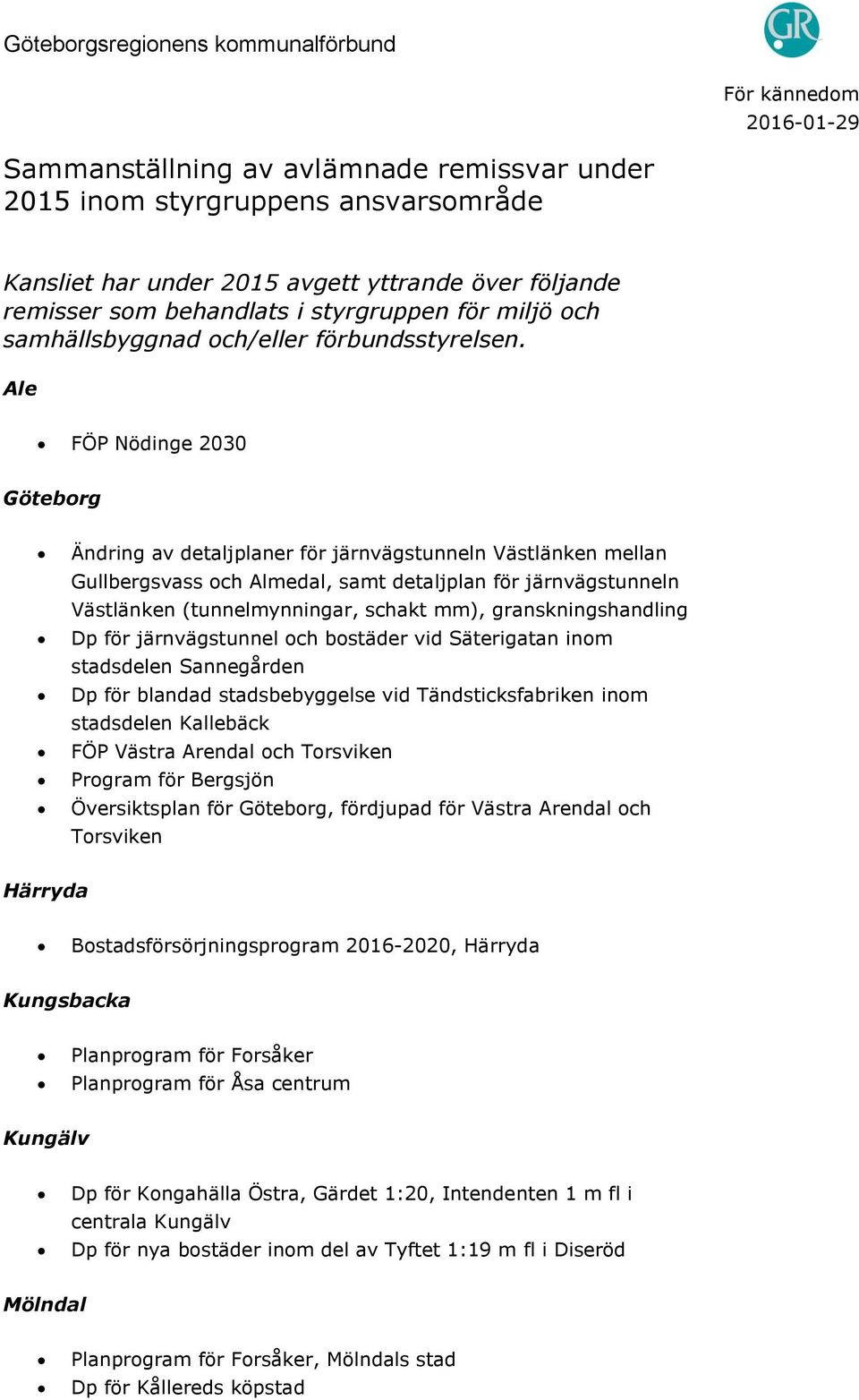 Ale FÖP Nödinge 2030 Ändring av detaljplaner för järnvägstunneln Västlänken mellan Gullbergsvass och Almedal, samt detaljplan för järnvägstunneln Västlänken (tunnelmynningar, schakt mm),