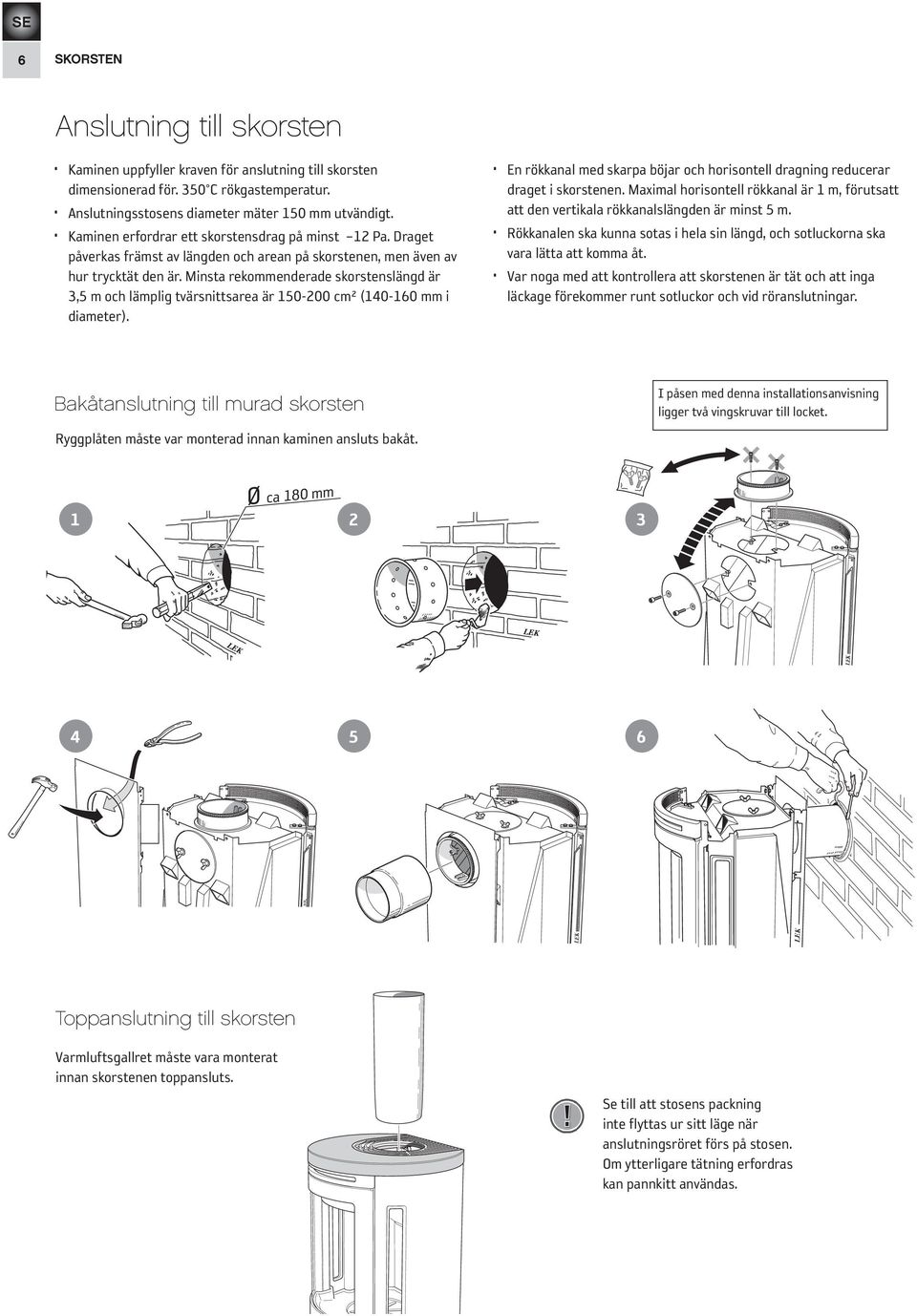 Minsta rekommenderade skorstenslängd är 3,5 m och lämplig tvärsnittsarea är 150-200 cm² (140-160 mm i diameter). En rökkanal med skarpa böjar och horisontell dragning reducerar draget i skorstenen.