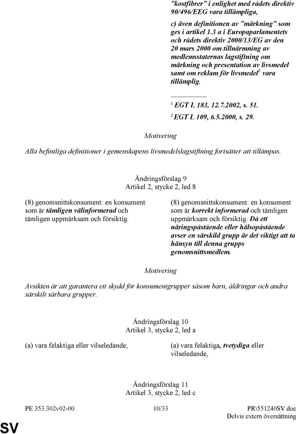 vara tillämplig. 1 EGT L 183, 12.7.2002, s. 51. 2 EGT L 109, 6.5.2000, s. 29. Alla befintliga definitioner i gemenskapens livsmedelslagstiftning fortsätter att tillämpas.