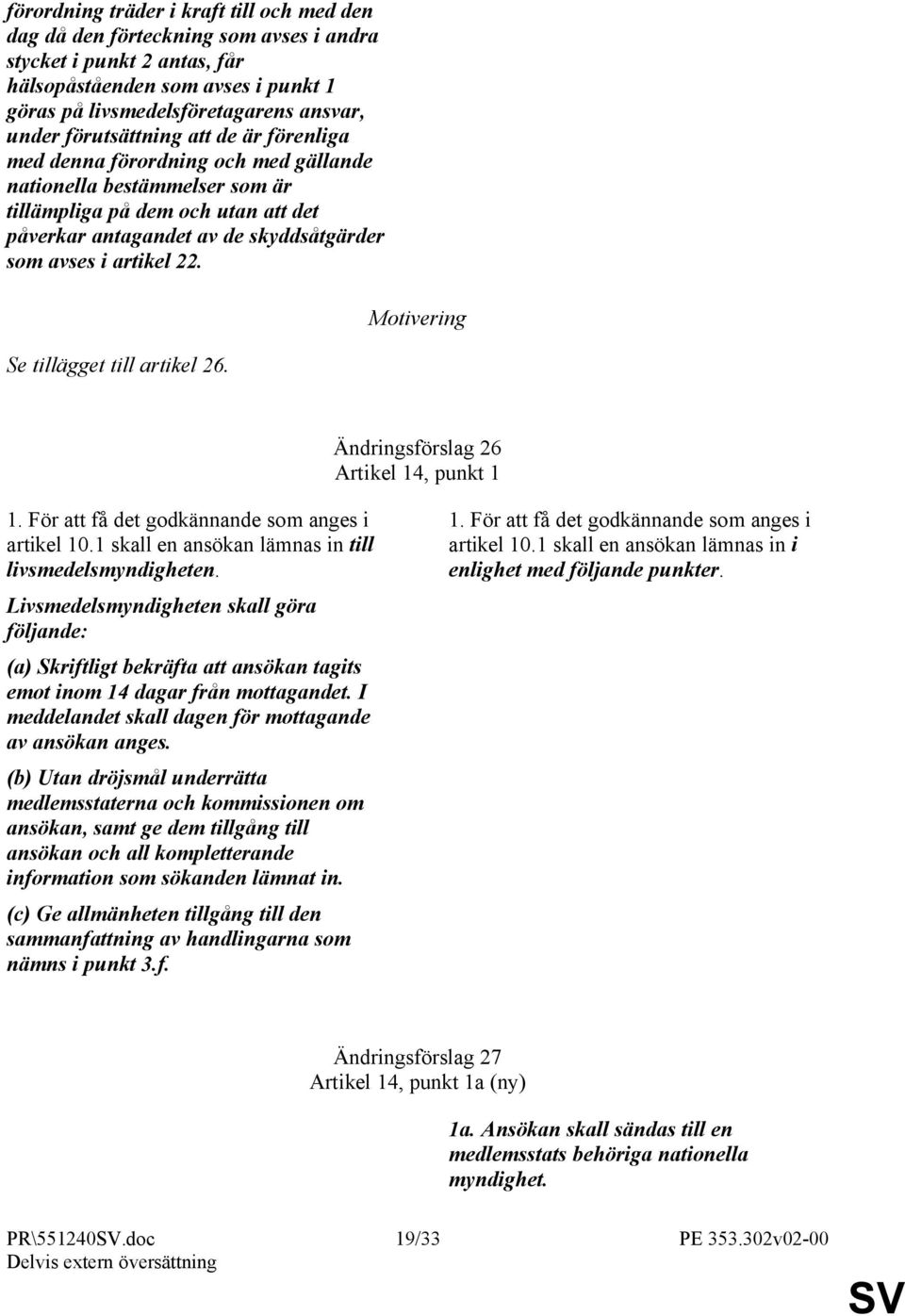 22. Se tillägget till artikel 26. Ändringsförslag 26 Artikel 14, punkt 1 1. För att få det godkännande som anges i artikel 10.1 skall en ansökan lämnas in till livsmedelsmyndigheten.