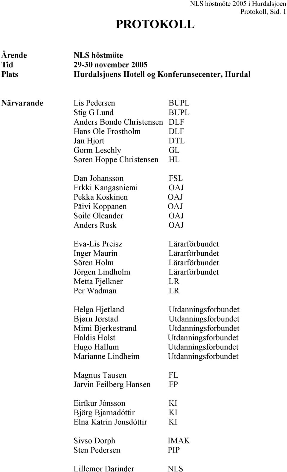 Frostholm DLF Jan Hjort DTL Gorm Leschly GL Søren Hoppe Christensen HL Dan Johansson Erkki Kangasniemi Pekka Koskinen Päivi Koppanen Soile Oleander Anders Rusk Eva-Lis Preisz Inger Maurin Sören Holm