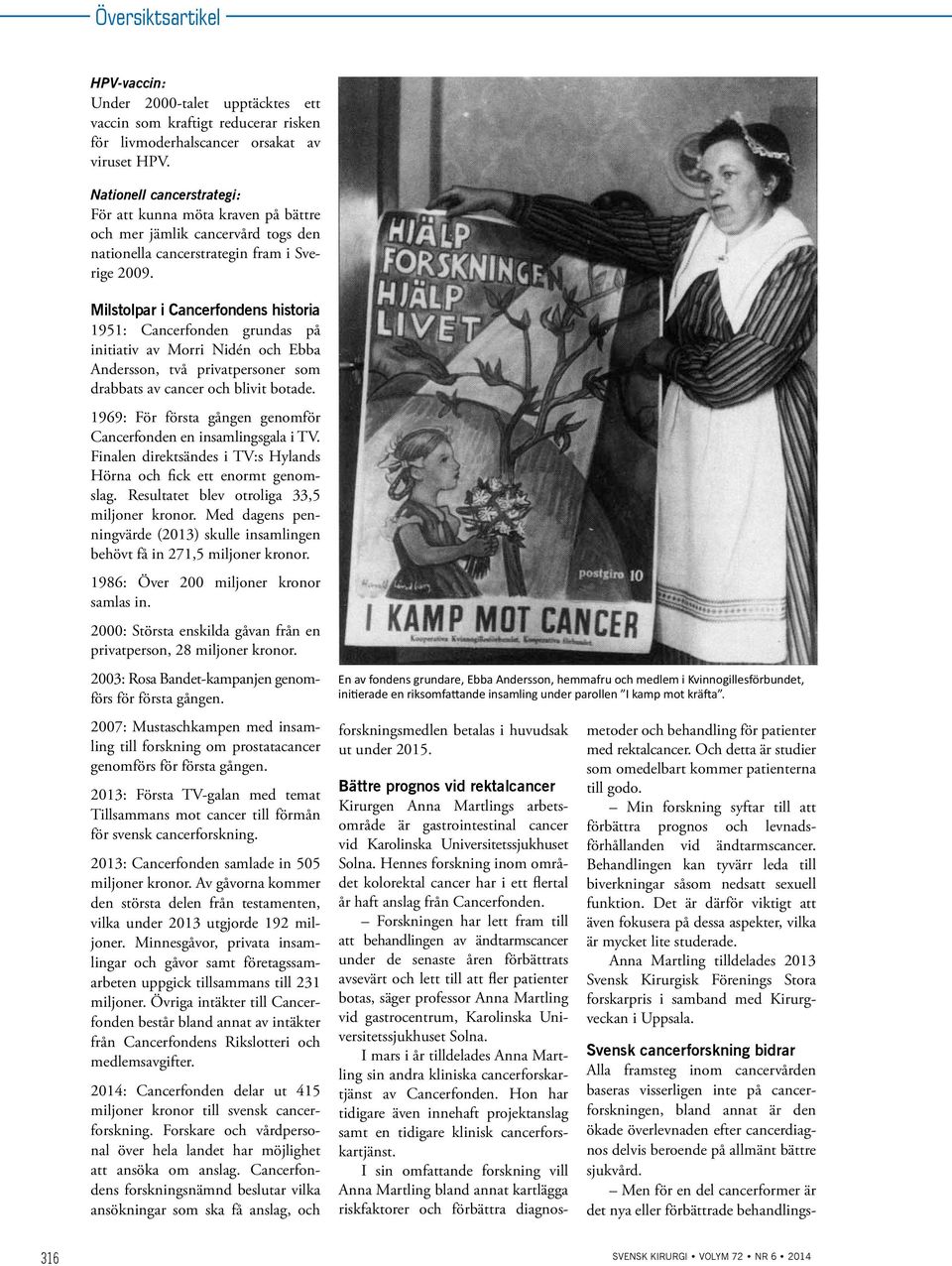 Milstolpar i Cancerfondens historia 1951: Cancerfonden grundas på initiativ av Morri Nidén och Ebba Andersson, två privatpersoner som drabbats av cancer och blivit botade.