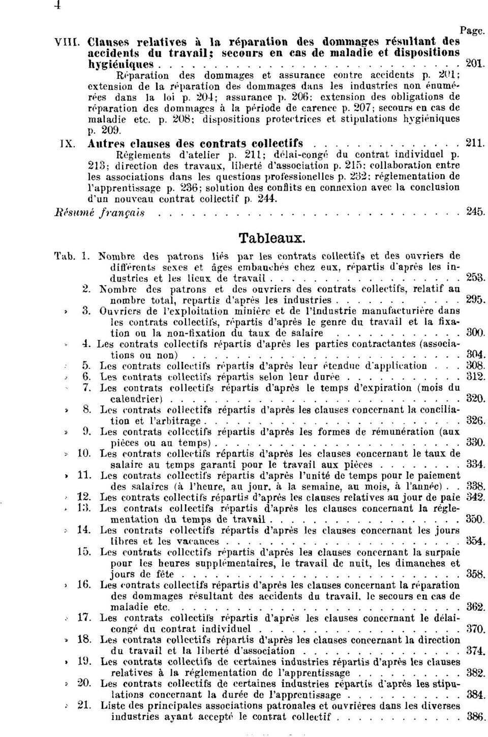 206; extension des obligations de réparation des dommages à la période de carence p. 207; secours en cas de maladie etc. p. 208; dispositions protectrices et stipulations hygiéniques p. 209. IX.