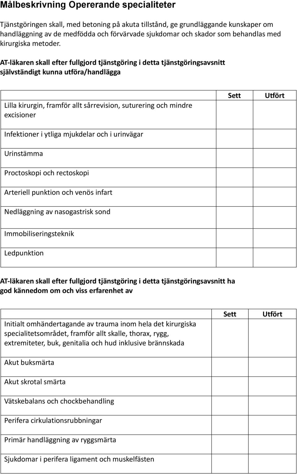 AT-läkaren skall efter fullgjord tjänstgöring i detta tjänstgöringsavsnitt självständigt kunna utföra/handlägga Lilla kirurgin, framför allt sårrevision, suturering och mindre excisioner Infektioner