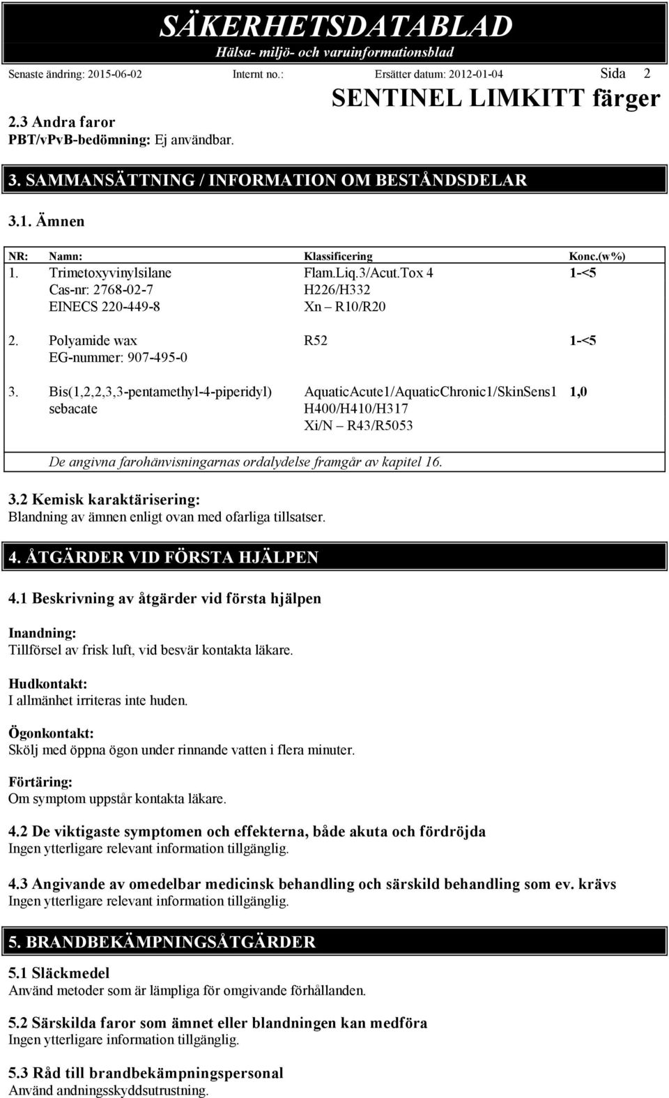 Bis(1,2,2,3,3pentamethyl4piperidyl) AquaticAcute1/AquaticChronic1/SkinSens1 1,0 sebacate H400/H410/H317 Xi/N R43/R5053 De angivna farohänvisningarnas ordalydelse framgår av kapitel 16. 3.